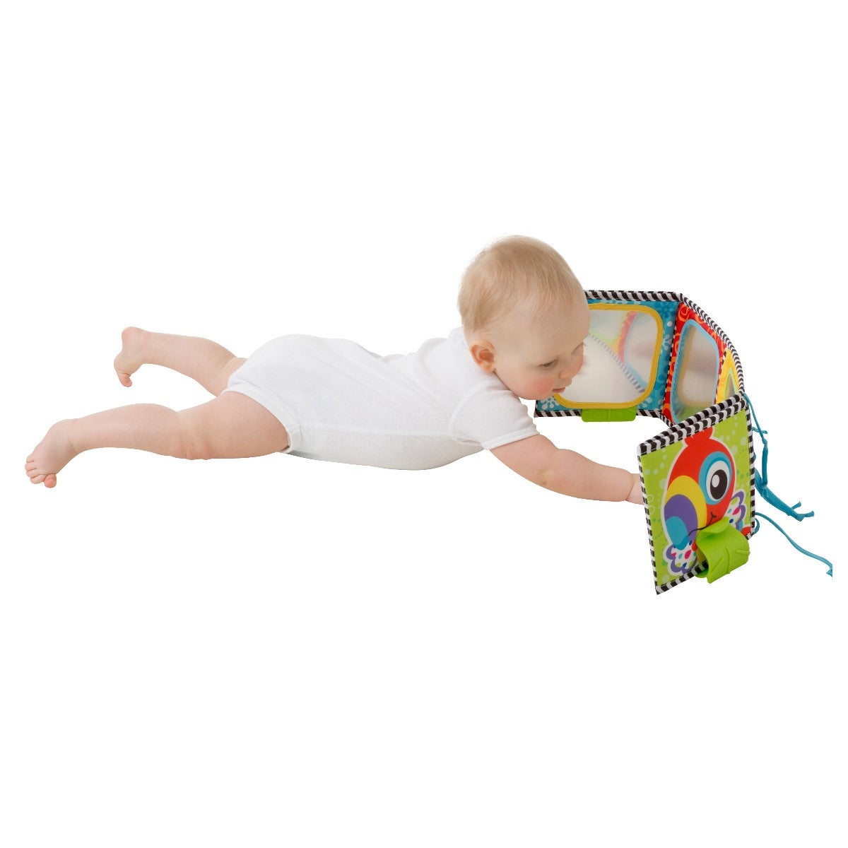 Playgro aktivitetsleksak, Tummy Time vändbar tygbok med spegel
