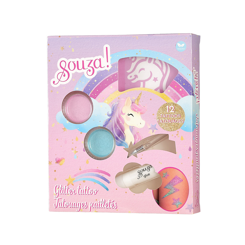 Souza set med glittertatueringar, enhörning