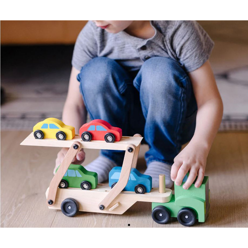 Melissa & Doug Legetøjsbiler i træ, Biltransporter m 4 biler