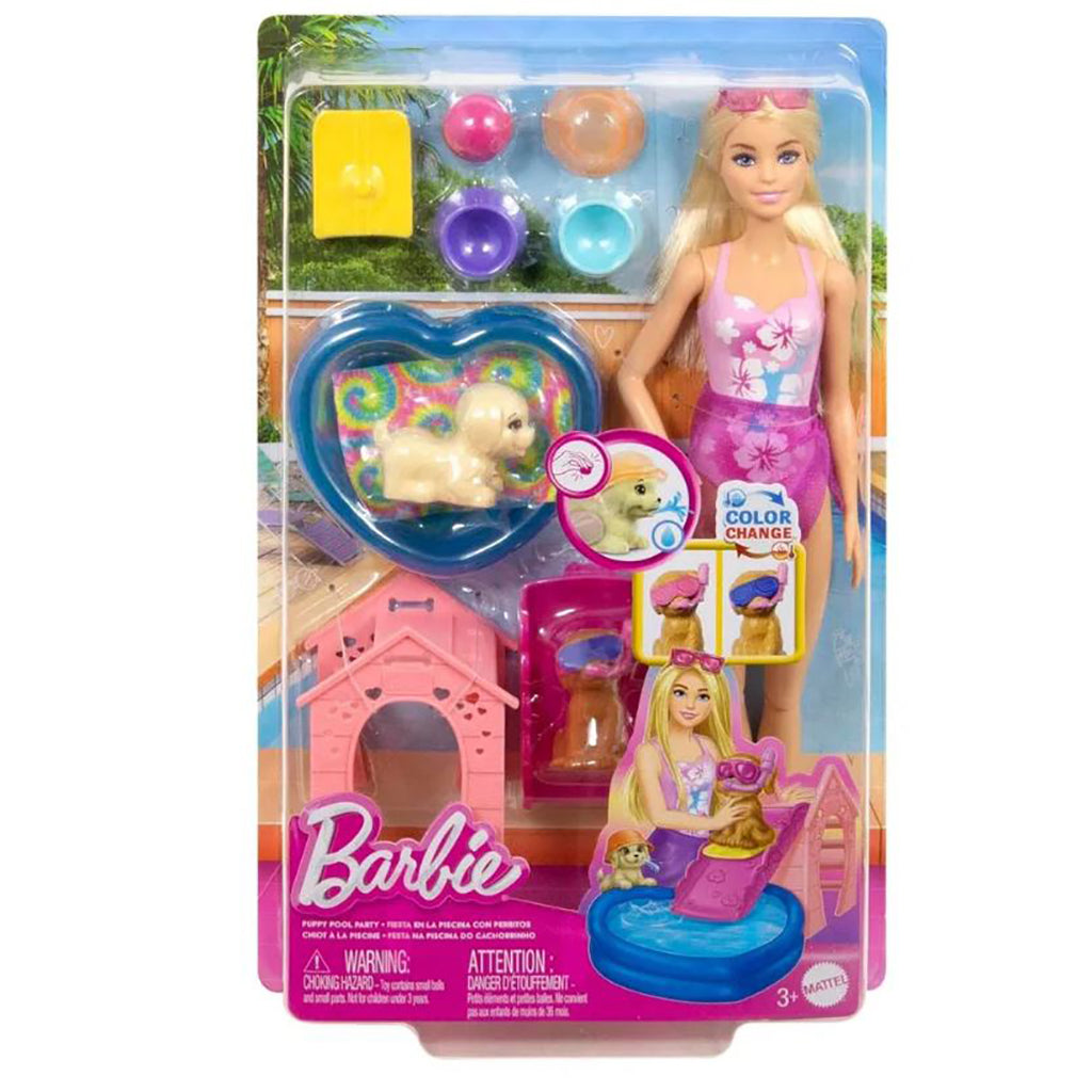 Barbie Puppy Pool Party Aloha Blonde legesæt, med Barbie dukke, hund og vandrutschebane