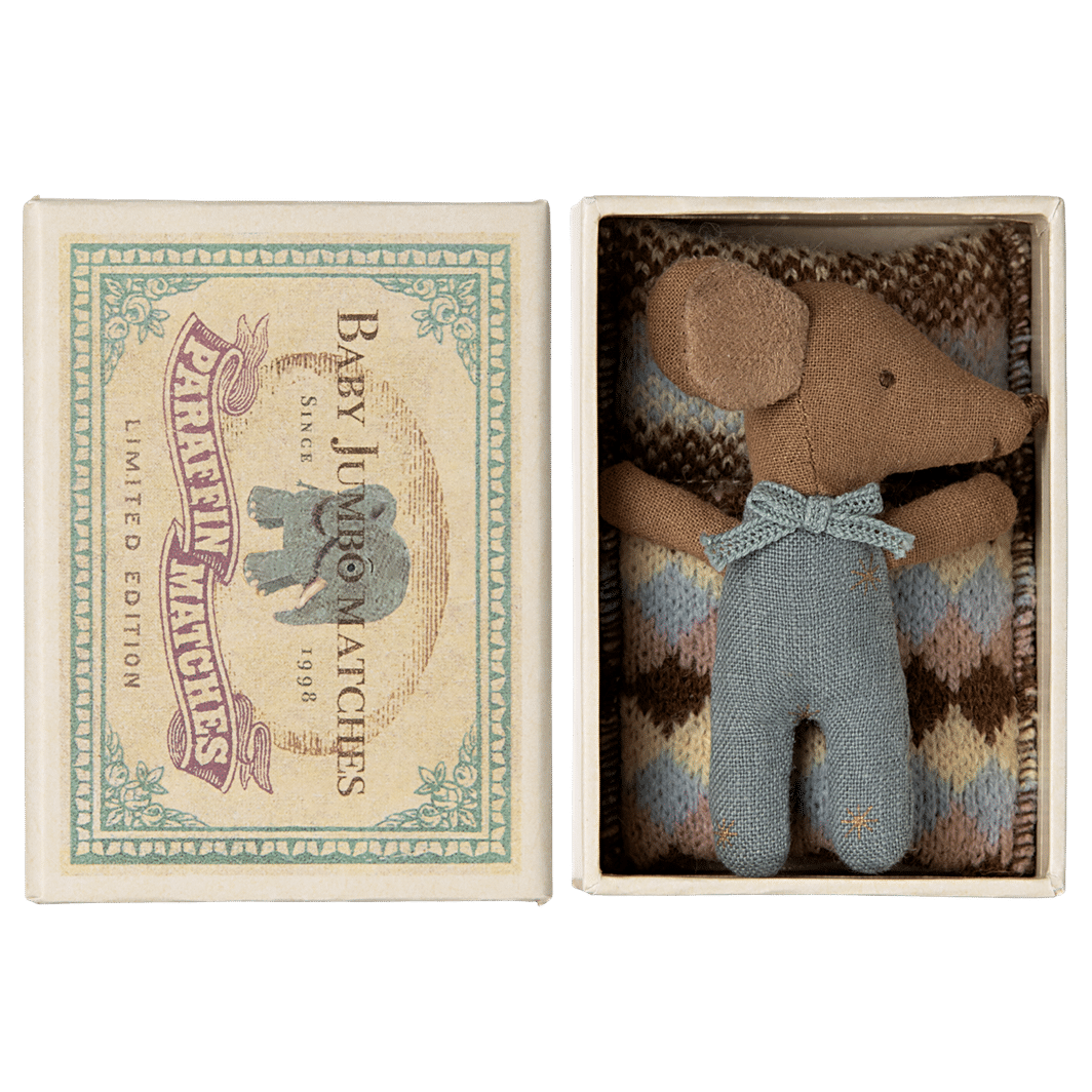 Maileg Sove/vågen baby mus i tändsticksask - Blå