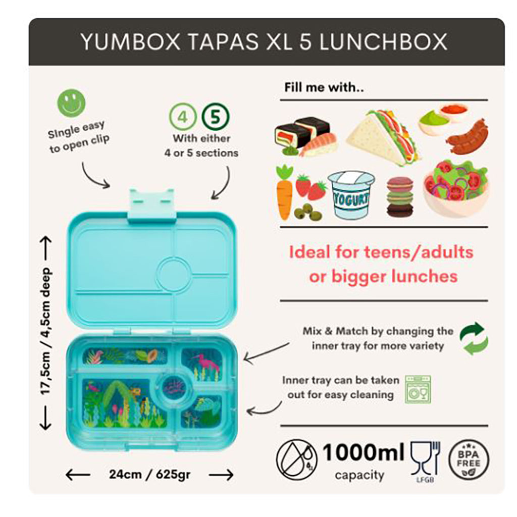 Yumbox XL matlåda m. 5 fack, Tapas - Jungle/ Pastel Blue