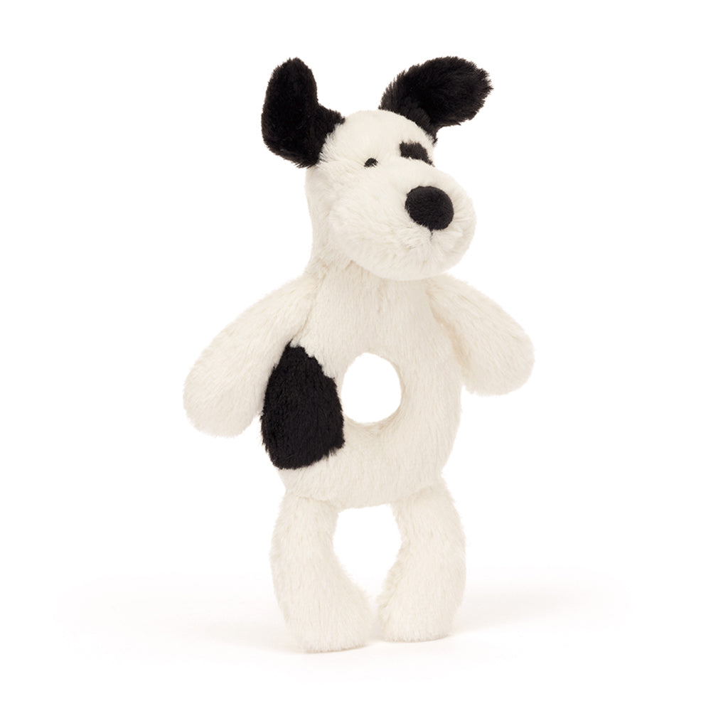 Baby Jellycat ringrangle, Hund, sort/creme – 15 cm