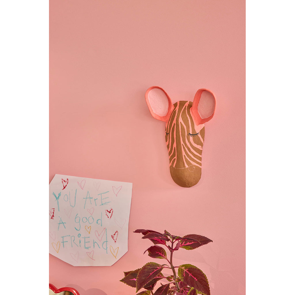 Rice väggtrofé i pappmaché, Zebra - Rosa