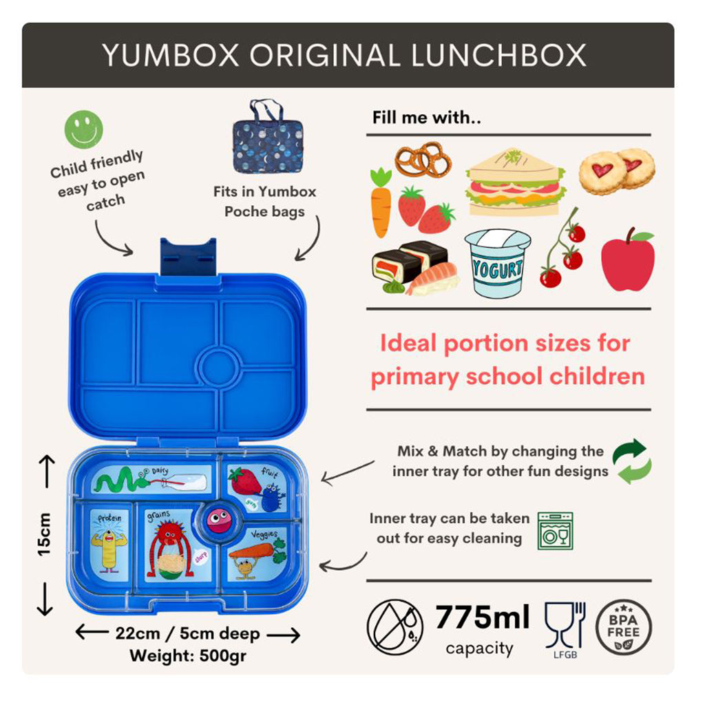 Yumbox lunchlåda med 6 fack, Original - Funny monster - surfblå