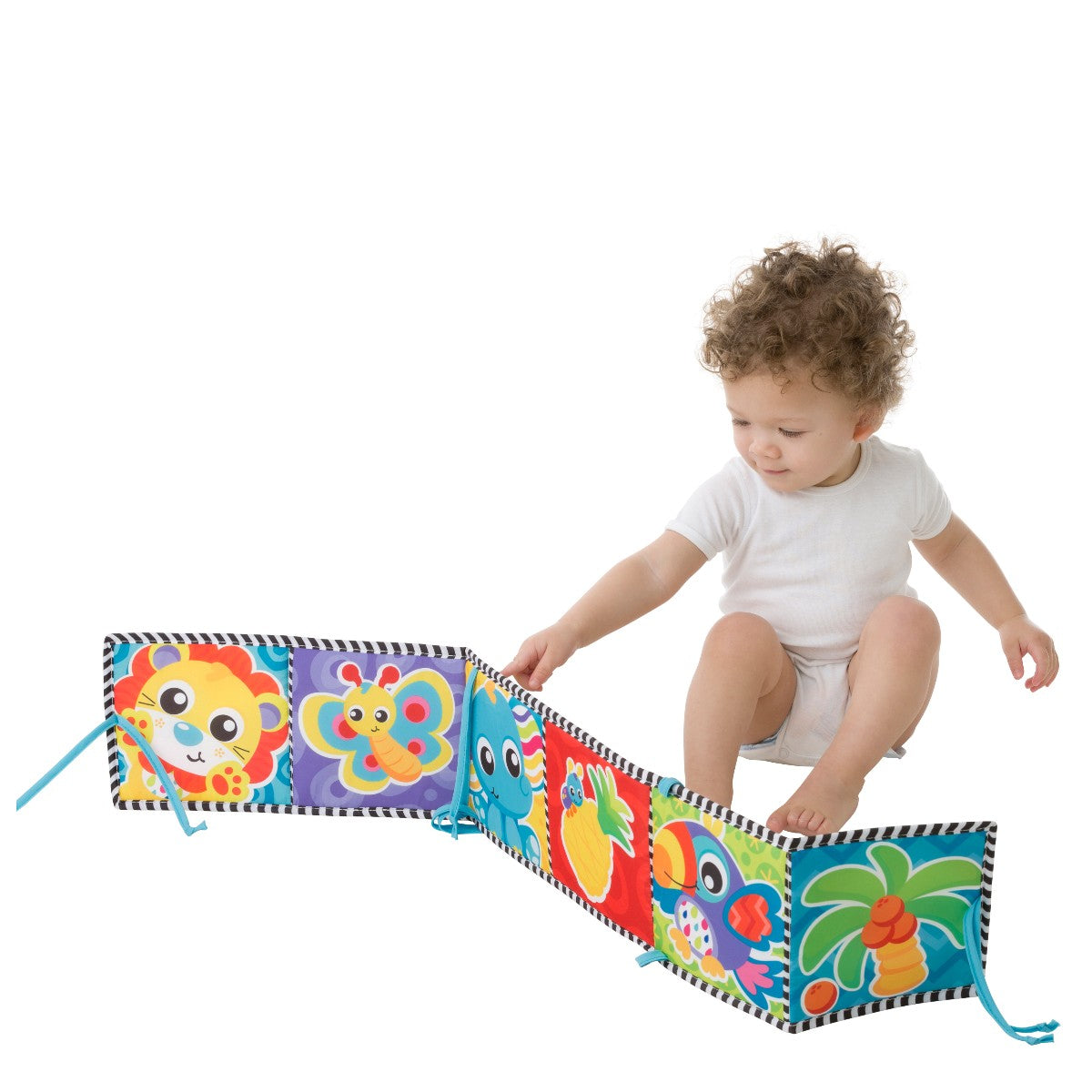 Playgro aktivitetsleksak, Tummy Time vändbar tygbok med spegel