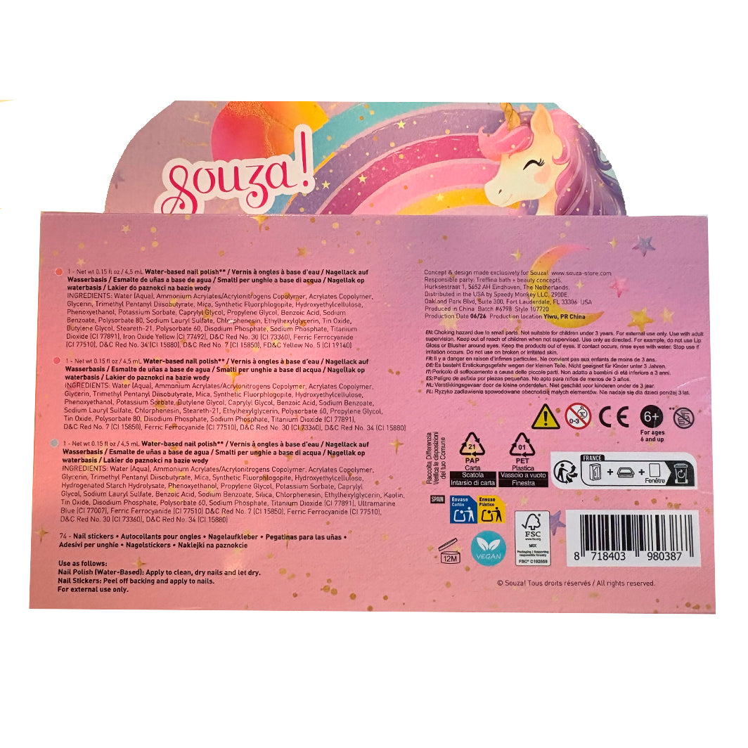 Souza 3 neglelakker og neglestickers, Unicorn