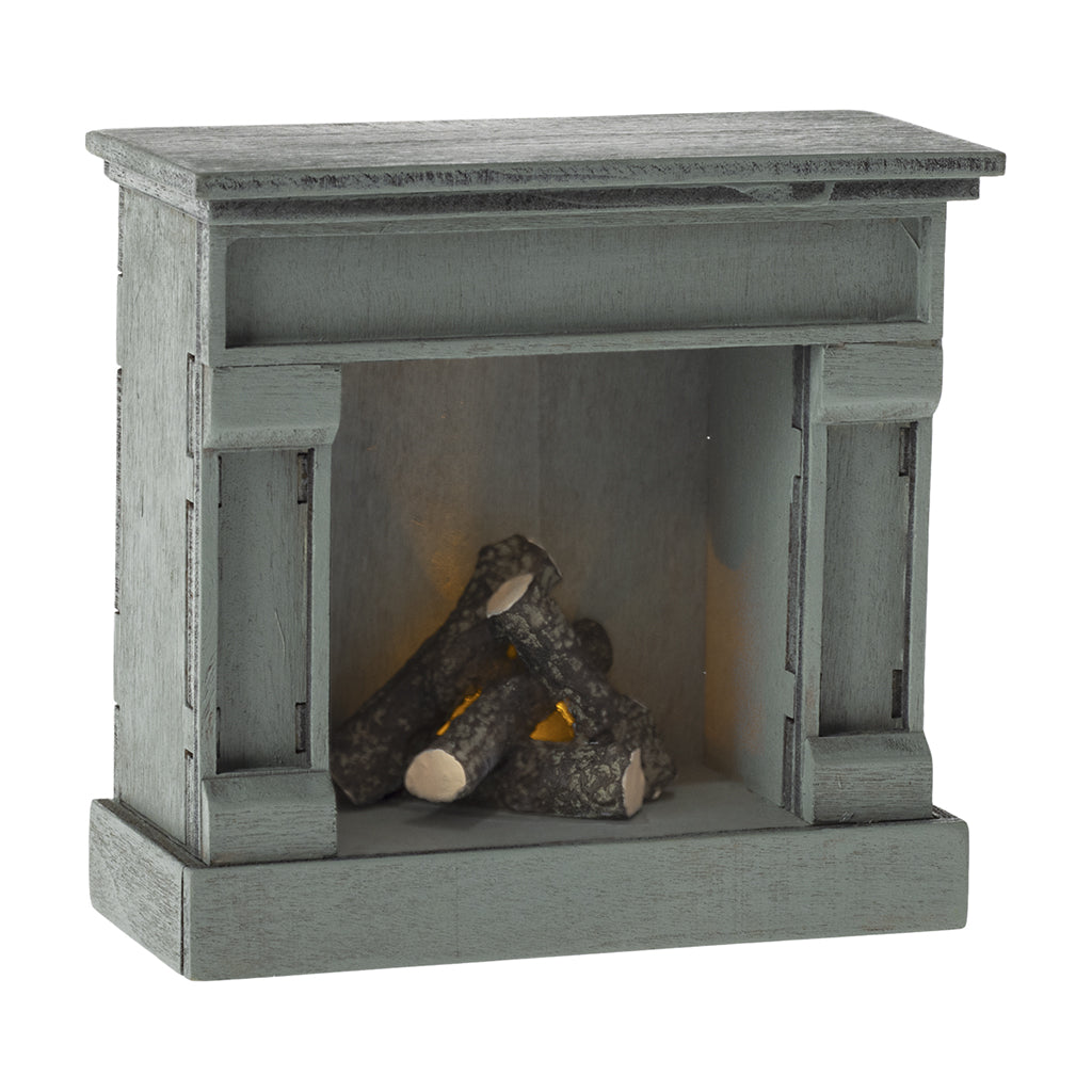 Maileg dukketilbehør til mus, Pejs - blå, pejs med lys