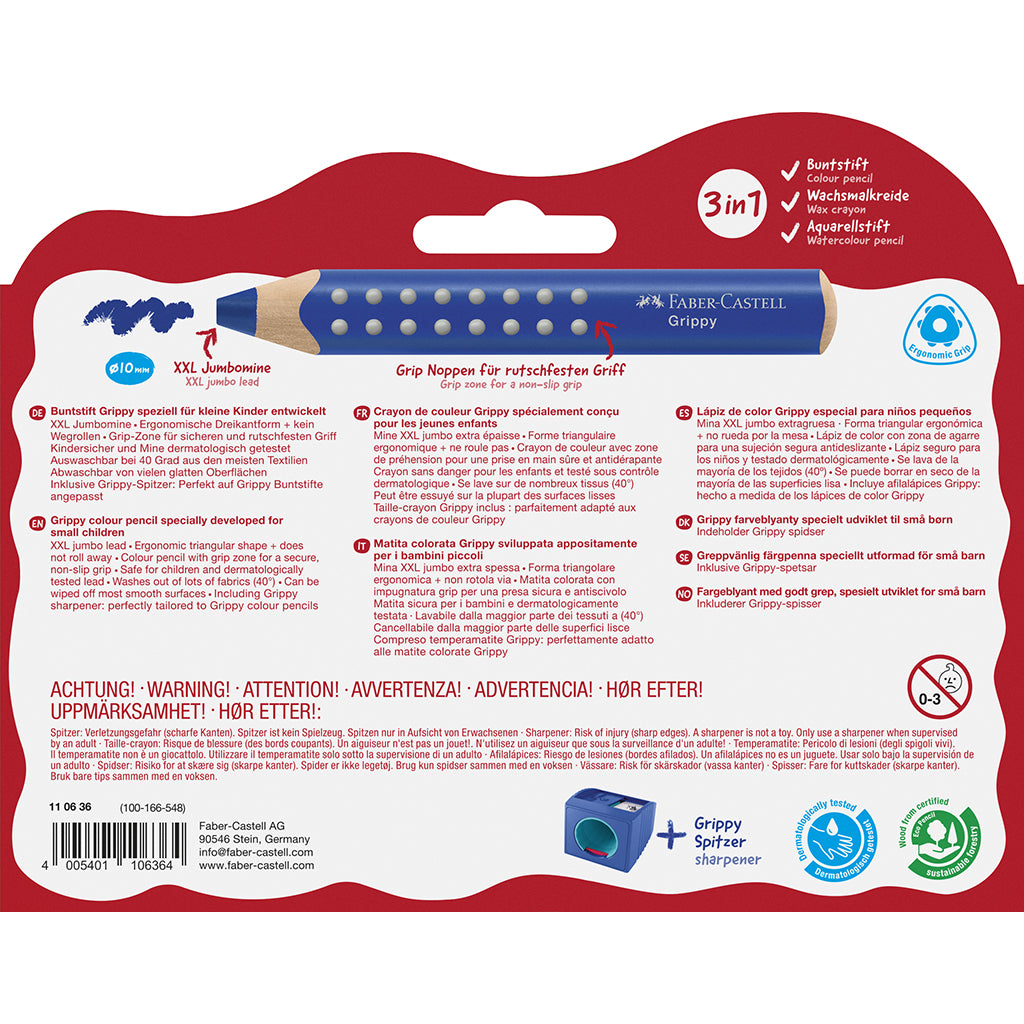 Faber-Castell, Grippy Jumbo färgpennor 10 st + 1 pennvässare