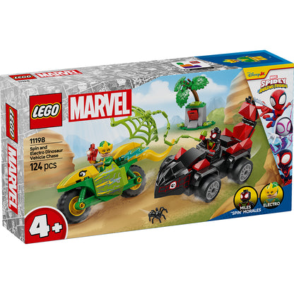 LEGO® Spidey, Spin och Electros jakt i dinosaurfordon