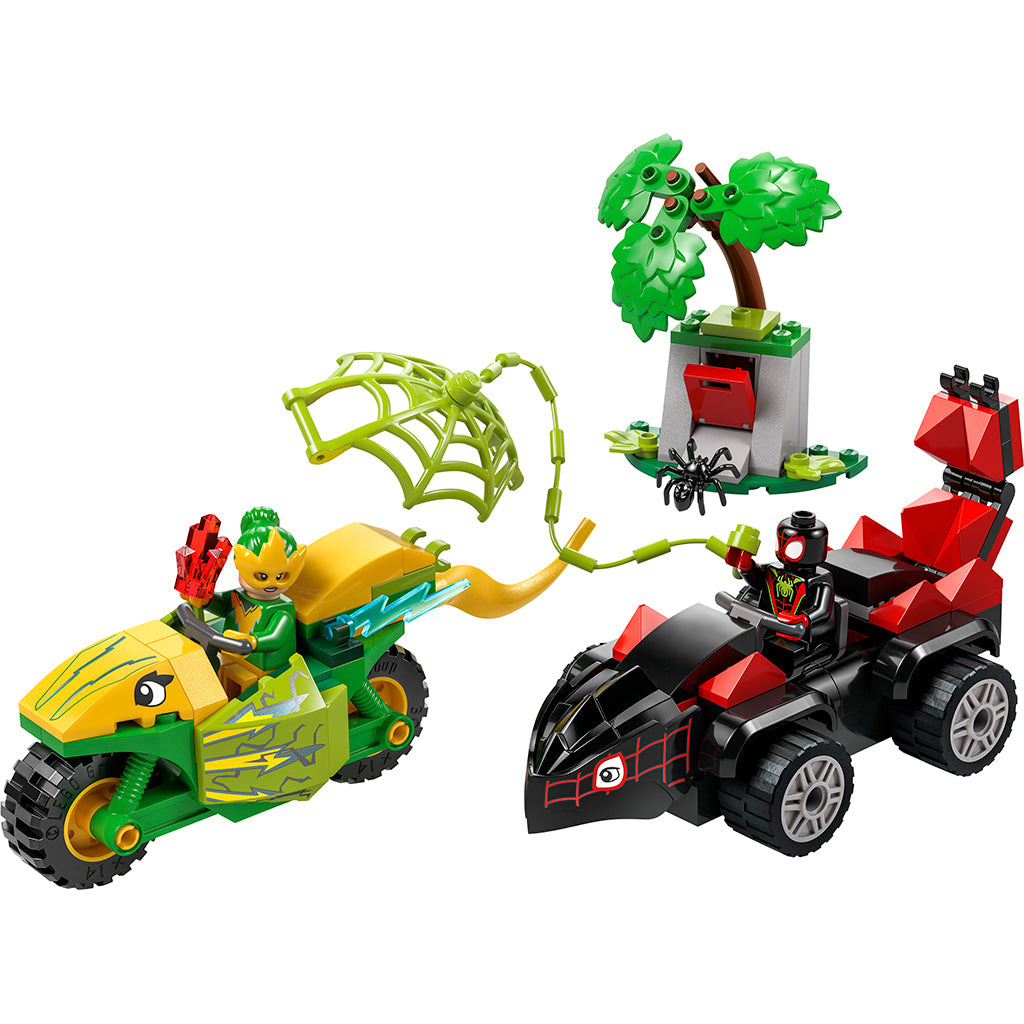 LEGO® Spidey, Spin och Electros jakt i dinosaurfordon