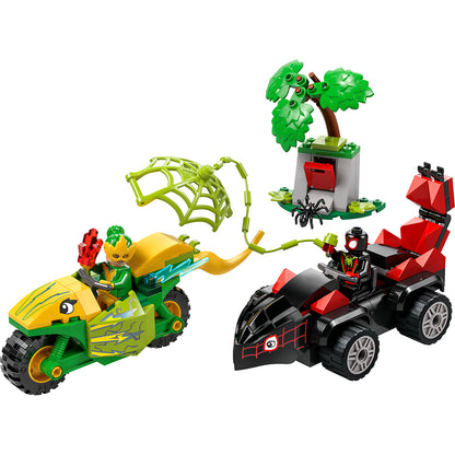 LEGO® Spidey, Spin och Electros jakt i dinosaurfordon