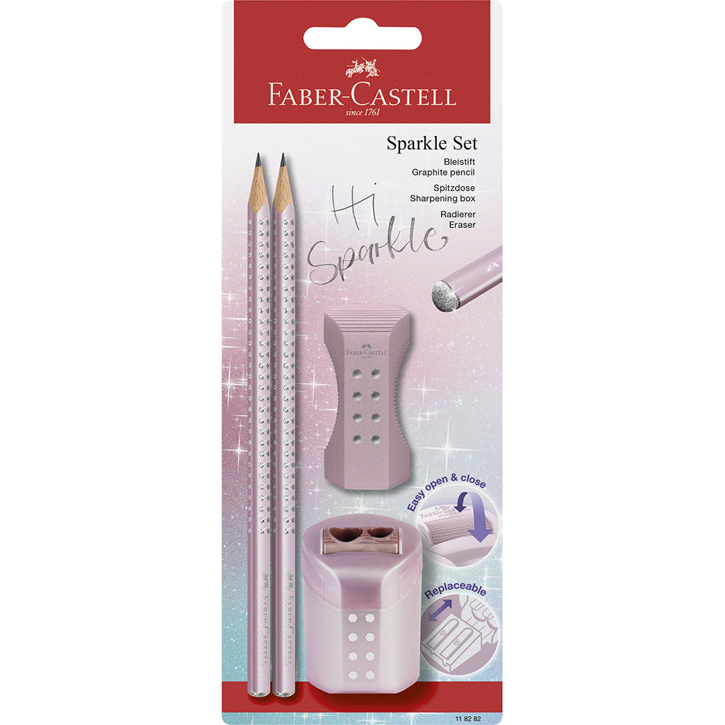 Faber-Castell 4-i-1 Hi Sparkle sæt, blyanter, blyantspidser og viskelæder - Rose