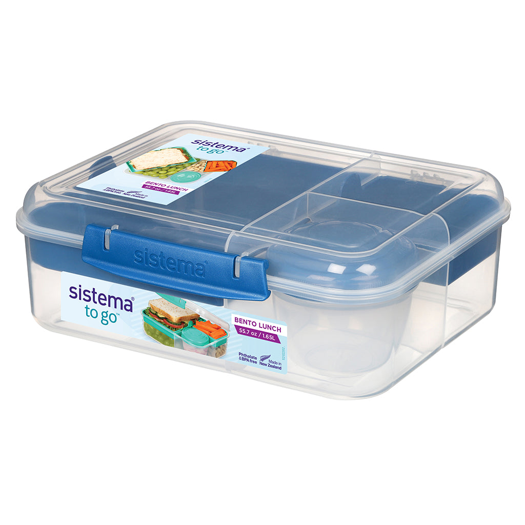 Sistema Bento Lunch madkasse med 3 rum och ett yoghurtbæger, 1,65L - Blue