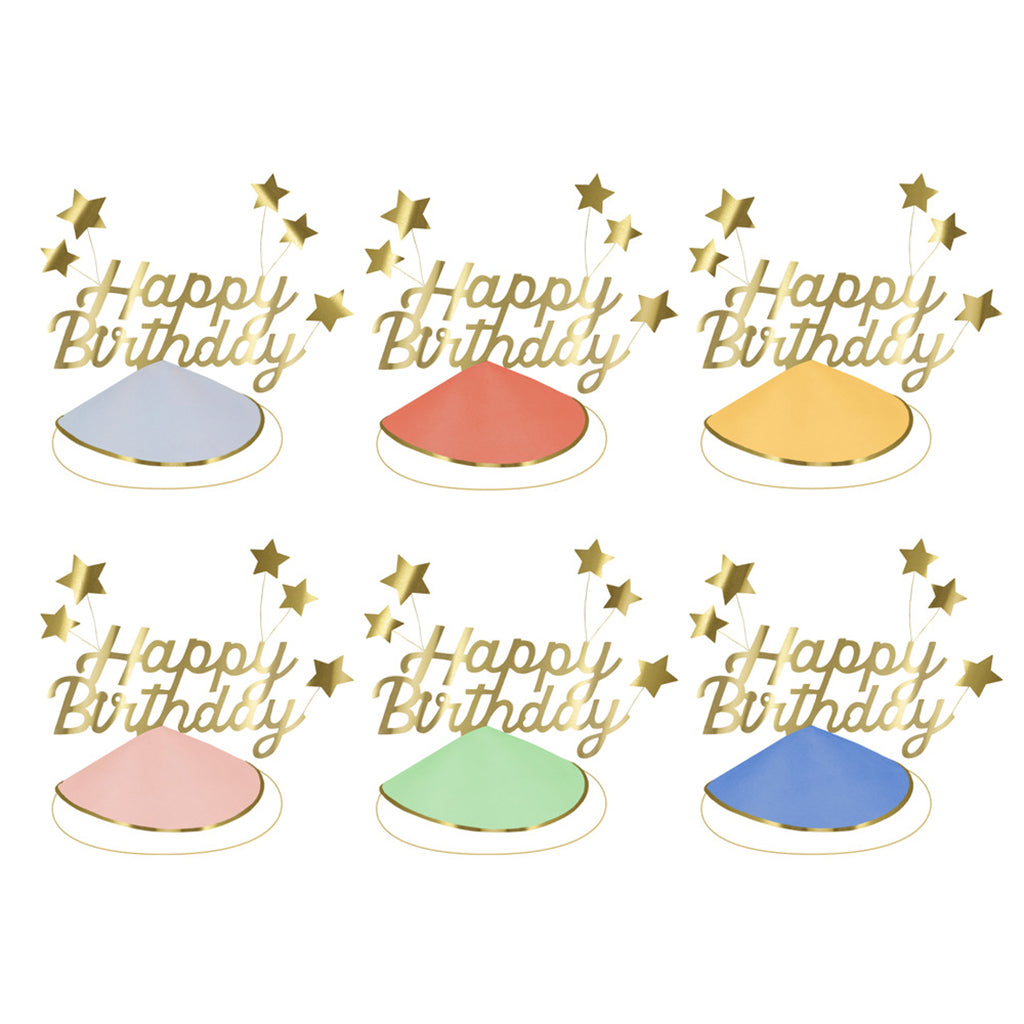 Meri Meri festhattar, Happy Birthday &amp; foil start party hats - 6 st