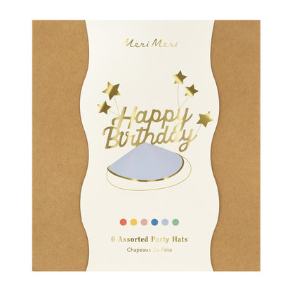 Meri Meri festhattar, Happy Birthday &amp; foil start party hats - 6 st