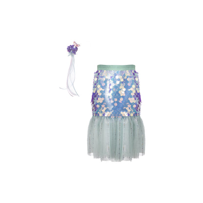 Great Pretenders utklädningskläder, Bling bling sjöjungfrukjol och hårklämmor, mint – Str. 4-6 år