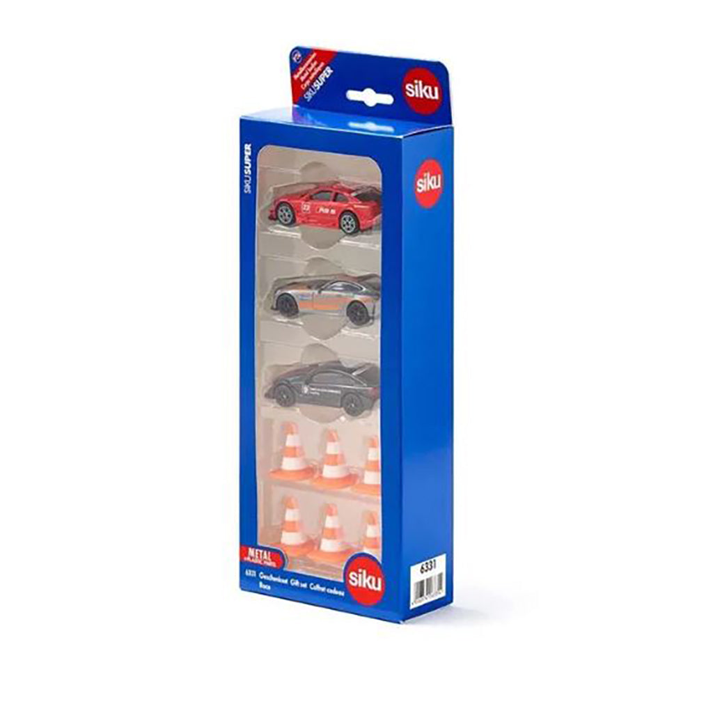 Siku leksaksbilar i presentask med 3 racerbilar och koner