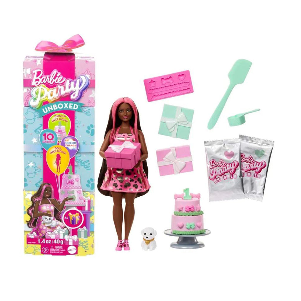 Barbie Party Unboxed docka med svart hår och 10 överraskningar