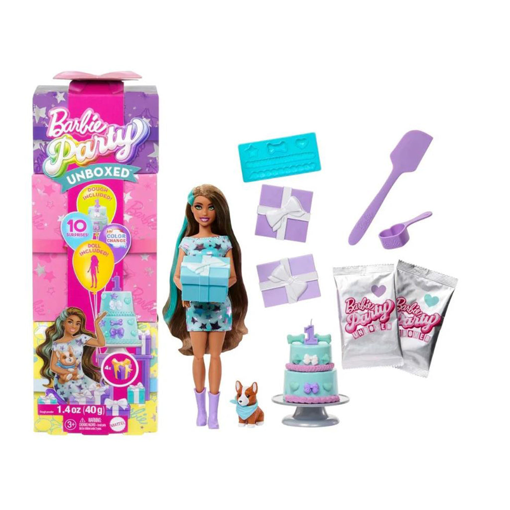 Barbie Party Unboxed docka med brunt hår och 10 överraskningar