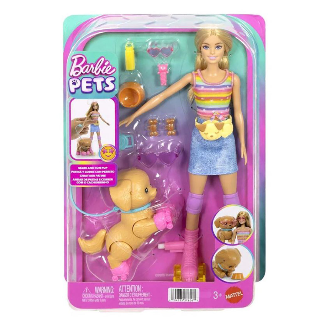 Barbiedocka och hund på rullskridskor