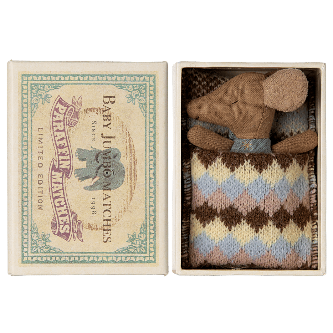 Maileg Sove/vågen baby mus i tändsticksask - Blå