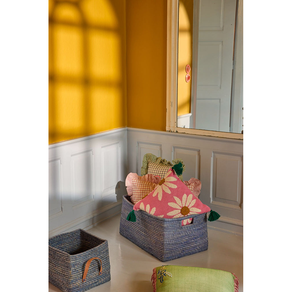 Rice korg med handtag, Extra stor, rektangulär raffia förvaringskorg - Blå