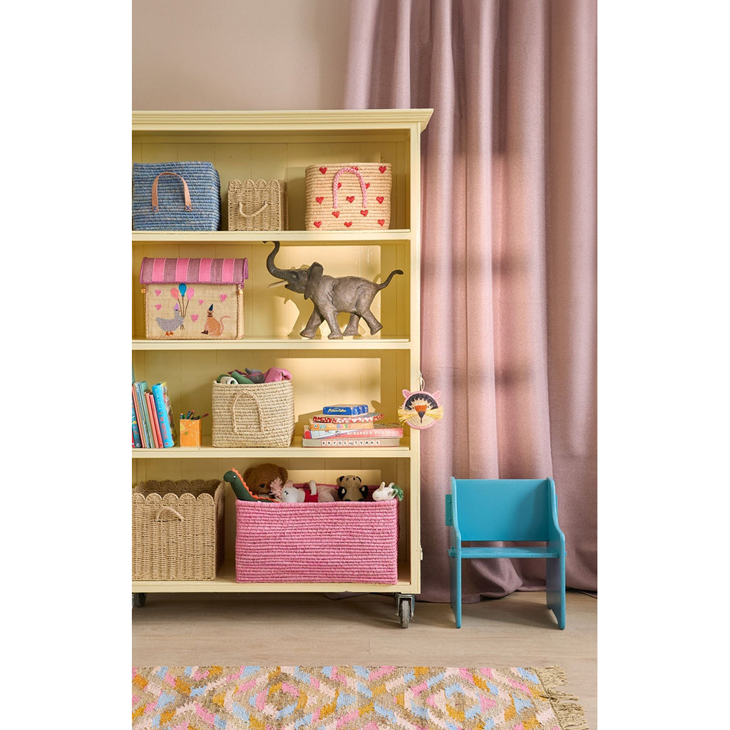 Rice korg med handtag, Extra stor, rektangulär raffia förvaringskorg - Rosa