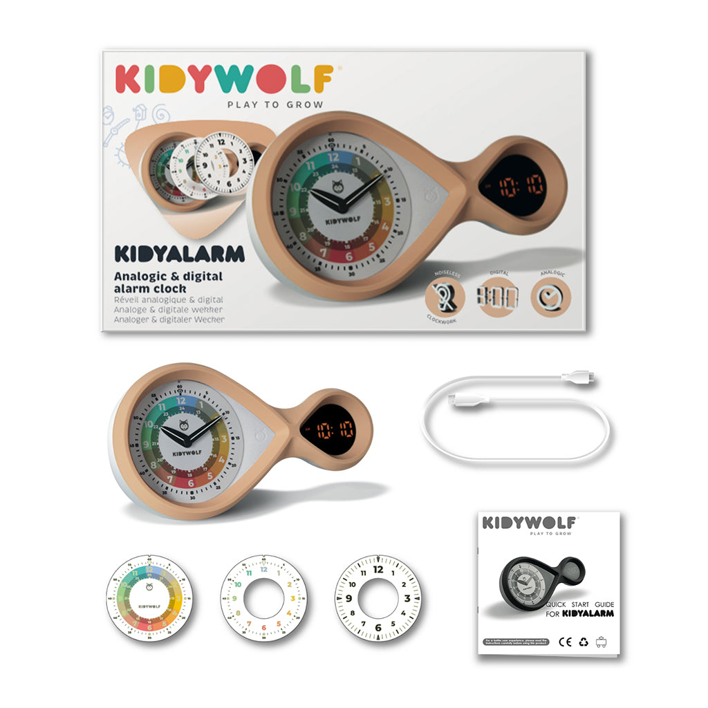 Kidyalarm väckarklocka för barn med analog urtavla och digital display, Brun