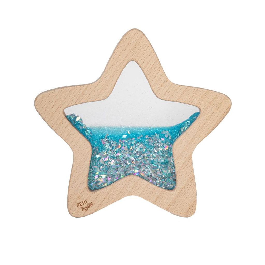 Petit Boum sanselegetøj i træ m flydende væske og glimmer, Blue Orionis