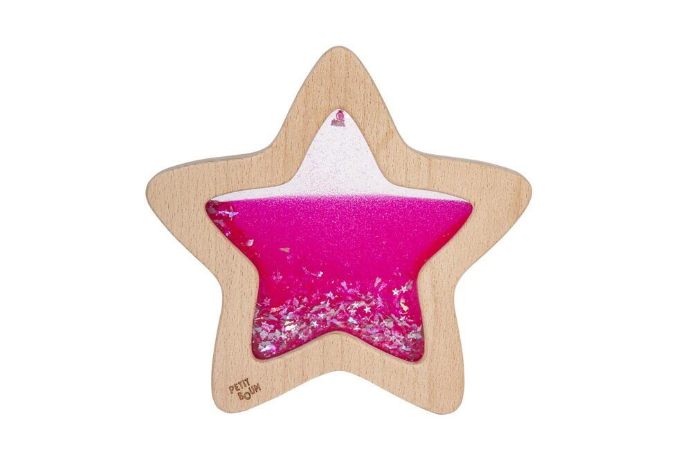 Petit Boum sinnesleksak, trästjärna med flytande vätska och glitter - Nebula Pink