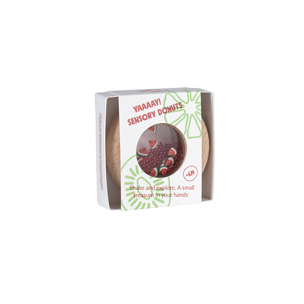 Petit Boum babyleksak, sensorisk donut skallra - Watermelons