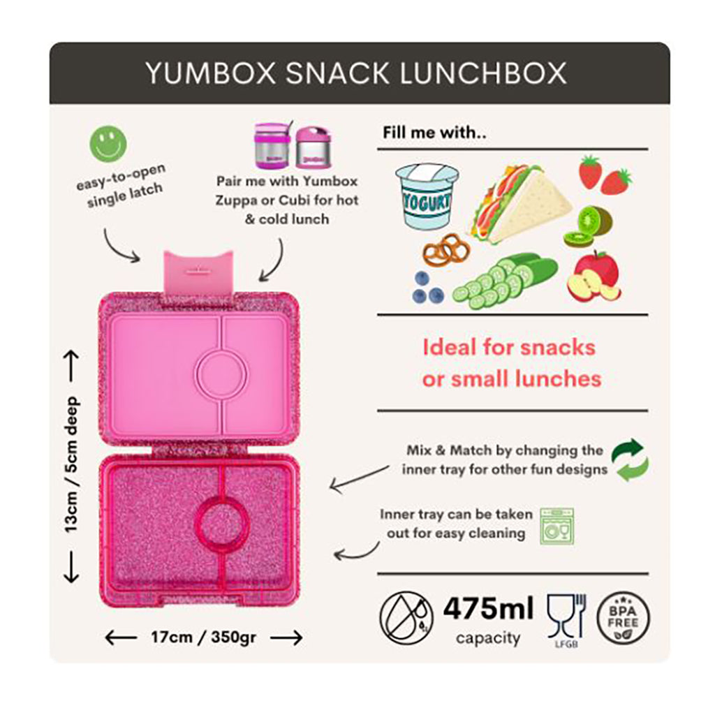 Yumbox matlåda med 3 fack, Snack – Sparkle pink glitter/Pink clear