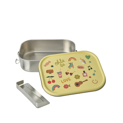 Rice matlåda i rostfritt stål med avdelare, stor – Soft yellow unicorn love print