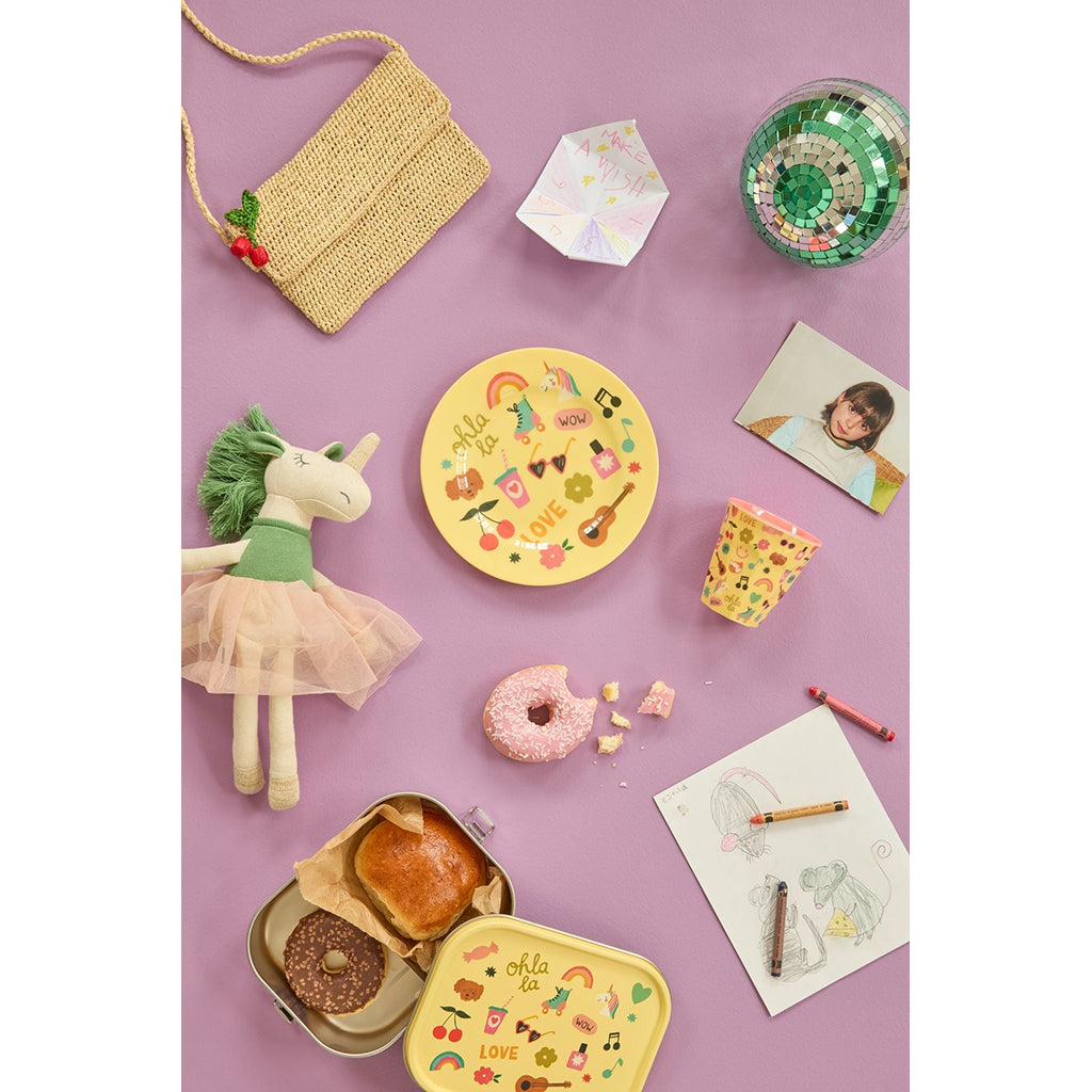 Rice matlåda i rostfritt stål med avdelare, stor – Soft yellow unicorn love print