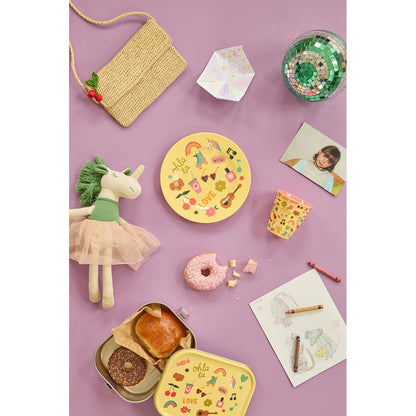 Rice matlåda i rostfritt stål med avdelare, stor – Soft yellow unicorn love print