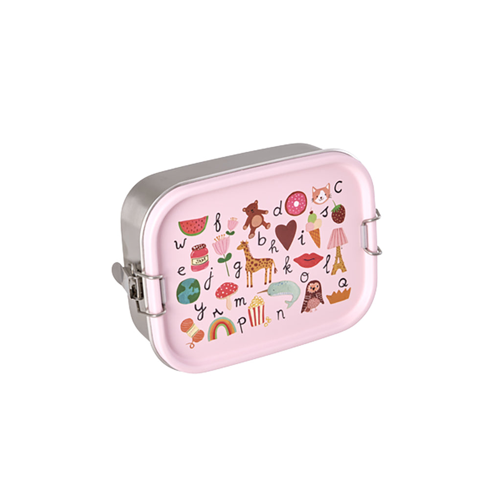 Rice matlåda i rostfritt stål med avdelare, liten, ABC-print - Rosa