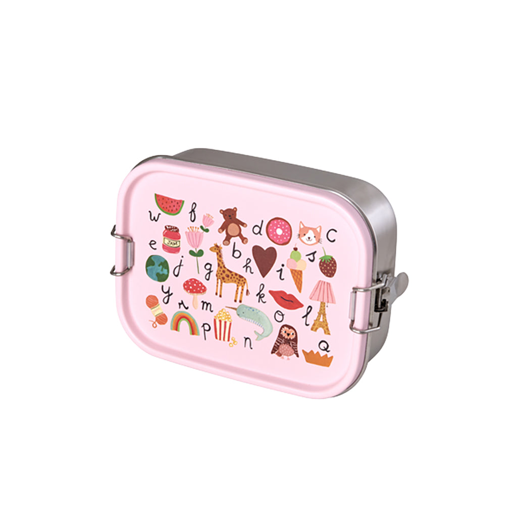 Rice matlåda i rostfritt stål med avdelare, liten, ABC-print - Rosa