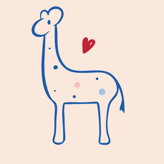 Illustration af giraf med hjerte og farvede pletter