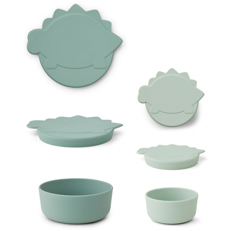 Liewood Olav silikonsnackbox, 2-pack - Dino mint mix