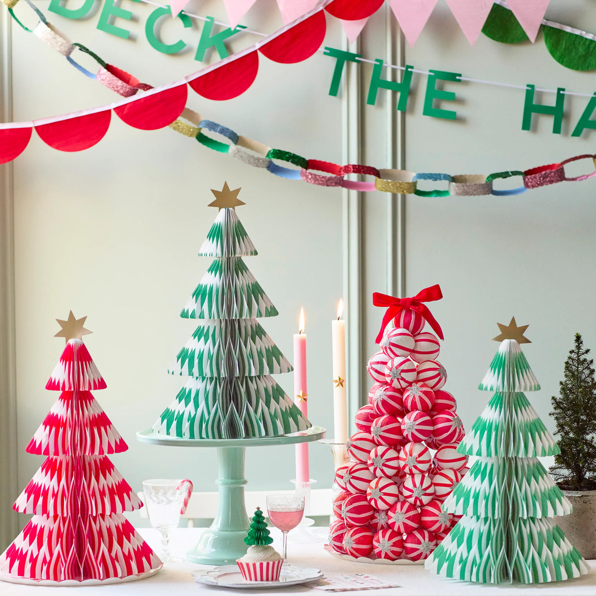 Meri Meri pappersjulgranar, Stripe Paper Honeycomb Trees, 3 st.