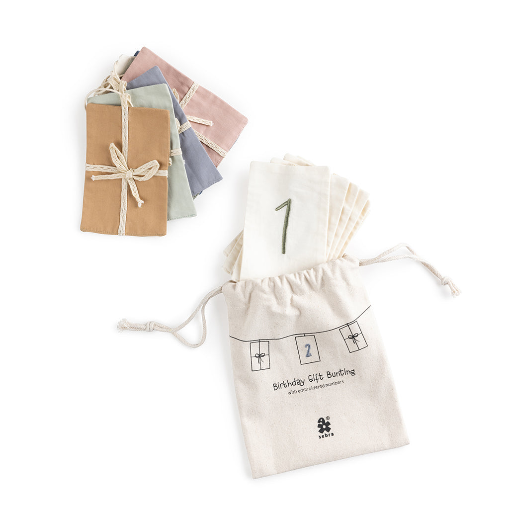 Sebra födelsedagsranka, presenter, siffror 0-9, ekologisk bomull