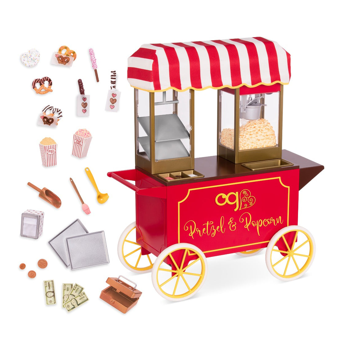 Our Generation docktillbehör, kringla- och popcornvagn