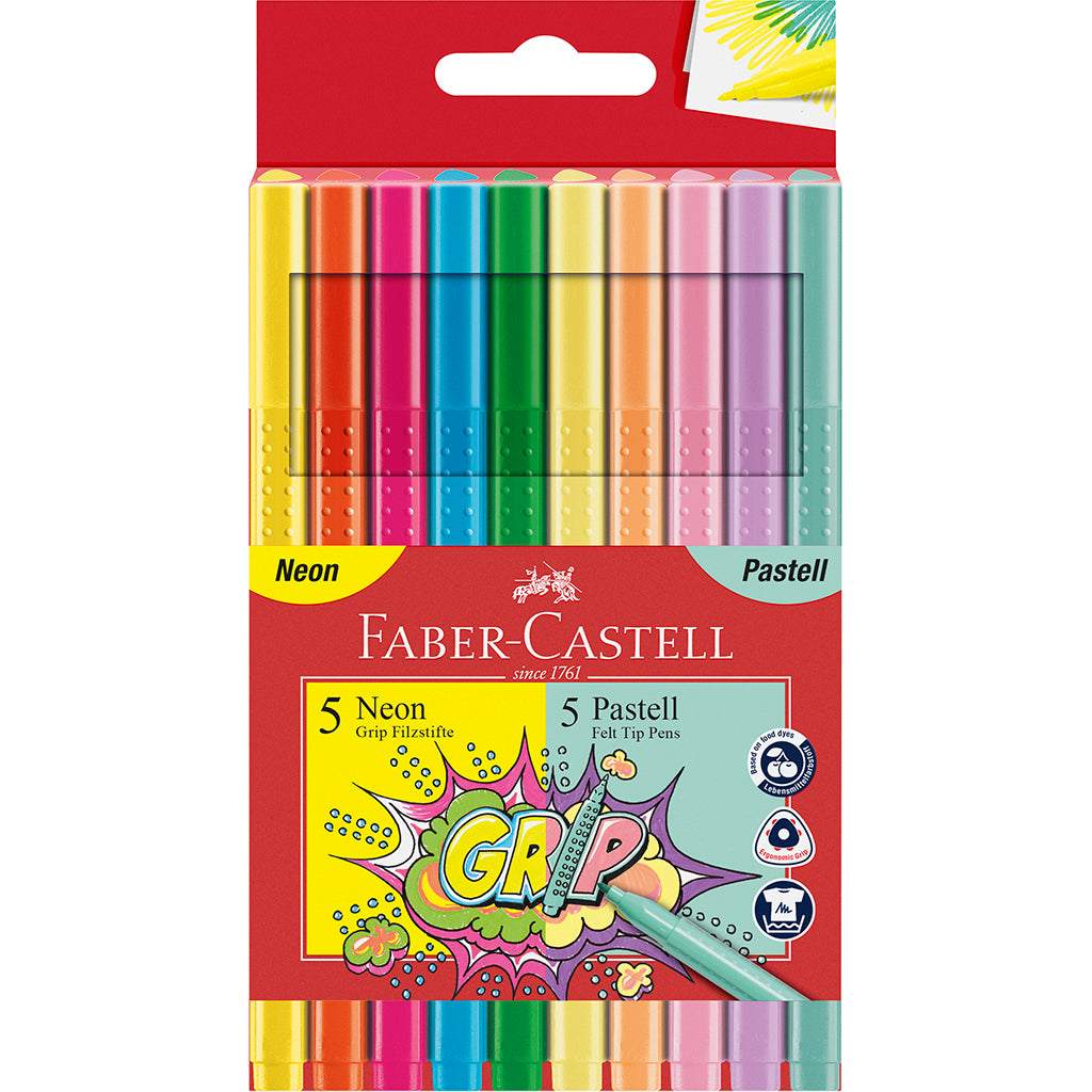 Faber-Castell, Grip tuscher, Neon og pastel - 10 stk.