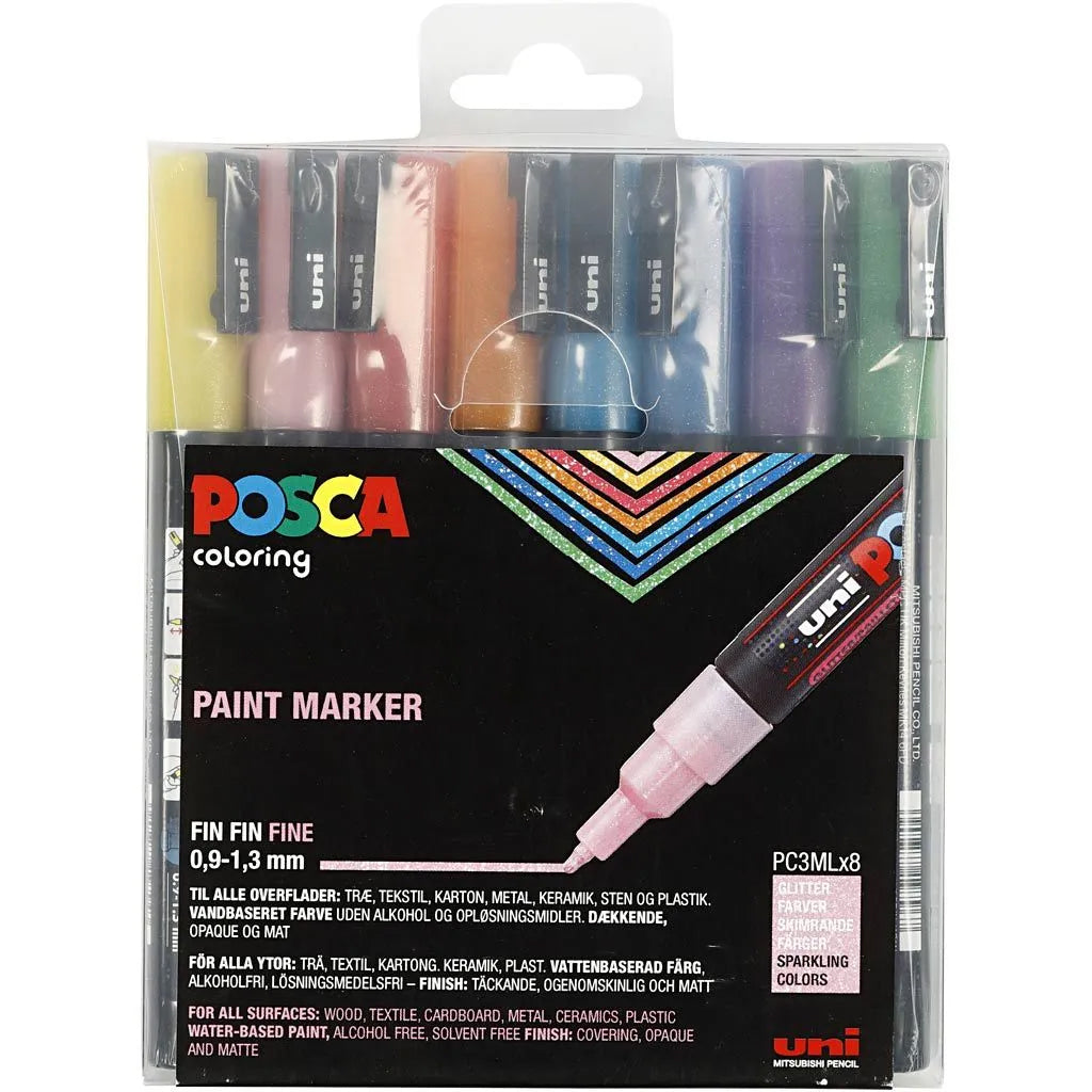 Posca tuschpennor, spets 0,9–1,3 mm – 8 st blandade glitterfärger