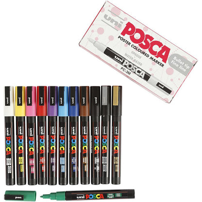 Posca tuscher, streg 0.9–1.3 mm – 12 stk. ass farver