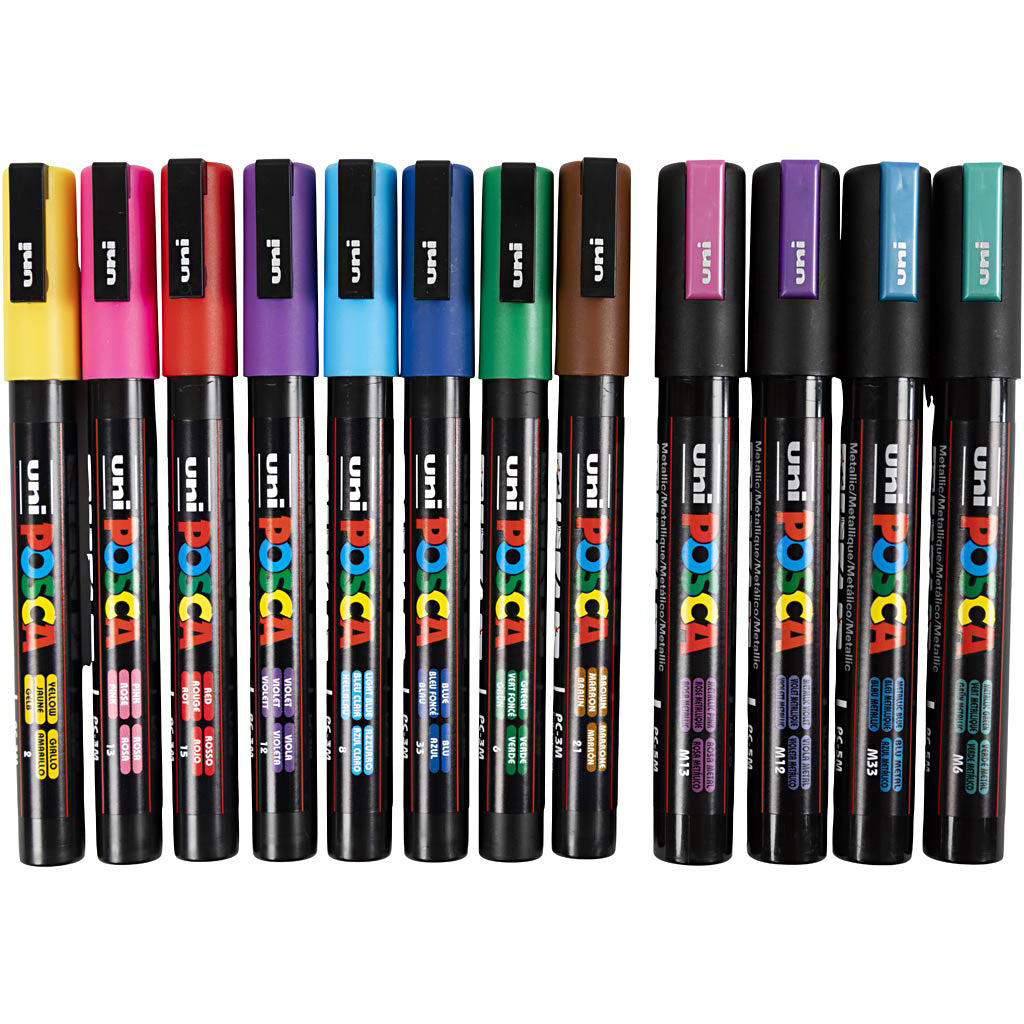 Posca Tuscher, strek 0,9–1,3 mm + 2,5 mm – 12 st. blandade färger