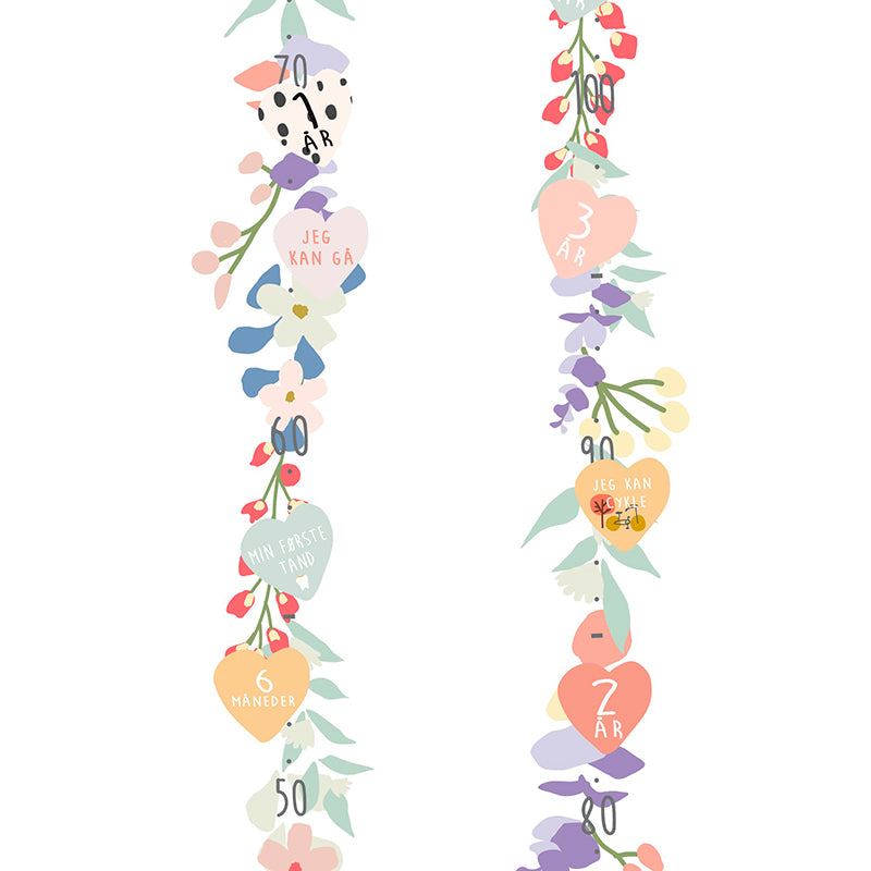 Mimi Lou väggdekal, höjdmätare med milstolpar - Vårblommor och med dansk text