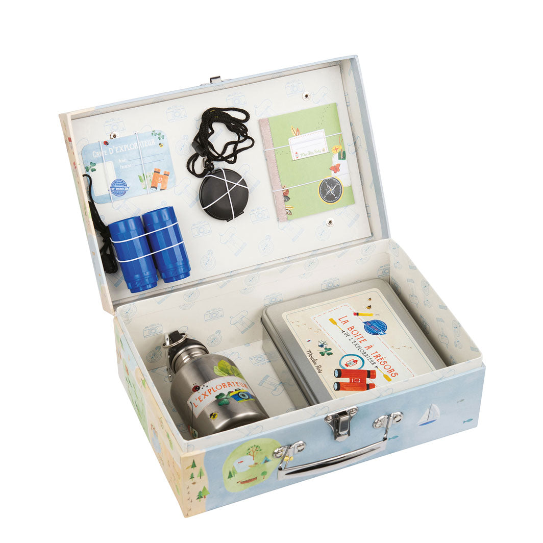 Moulin Roty en opdagelsesrejsendes kuffert - vist åben med indhold