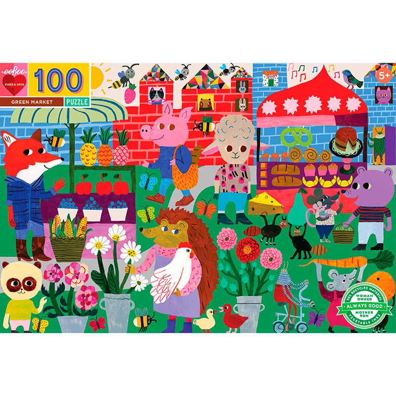 Eeboo puslespil, Med dyrene på marked - 100 brikker